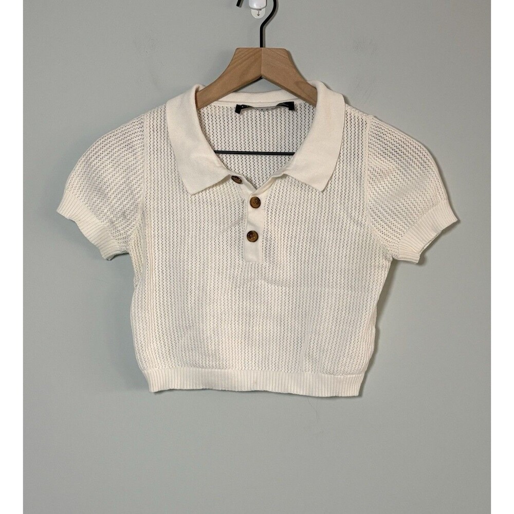 Lioness Cropped Top Short Sleeve Collared Ivory Womens Size Small